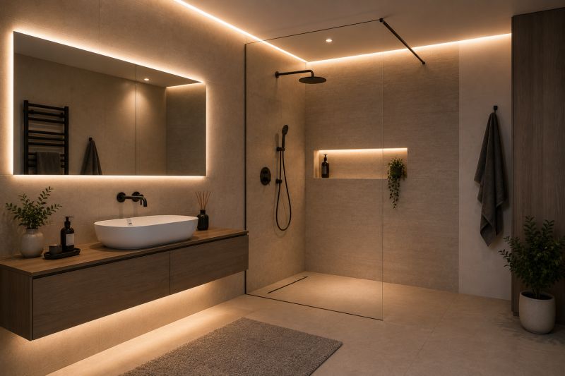 LED pásek v moderní koupelně u umyvadla a sprchového koutu