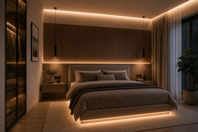 Nepřímé LED osvětlení v moderní ložnici