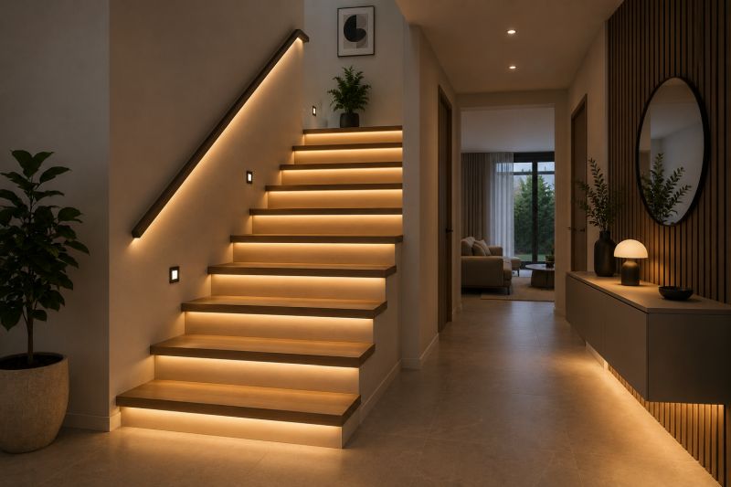 LED pásek instalovaný pod schody pro orientační osvětlení